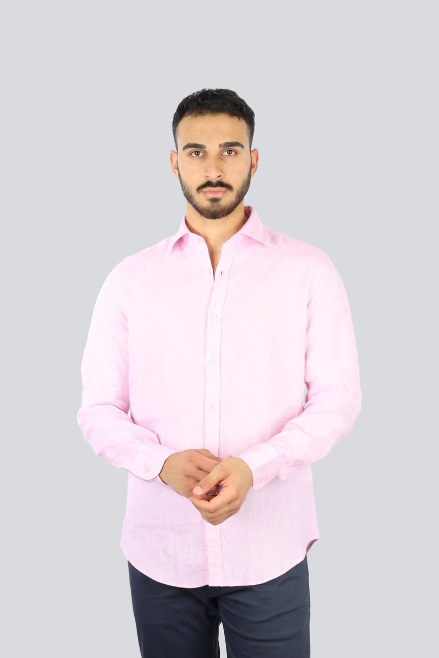 Paul Shark Paul Shark Erkek Normal Kalıp %100 Keten Düz Uzun Kollu Pembe Gömlek 25413006CF-133