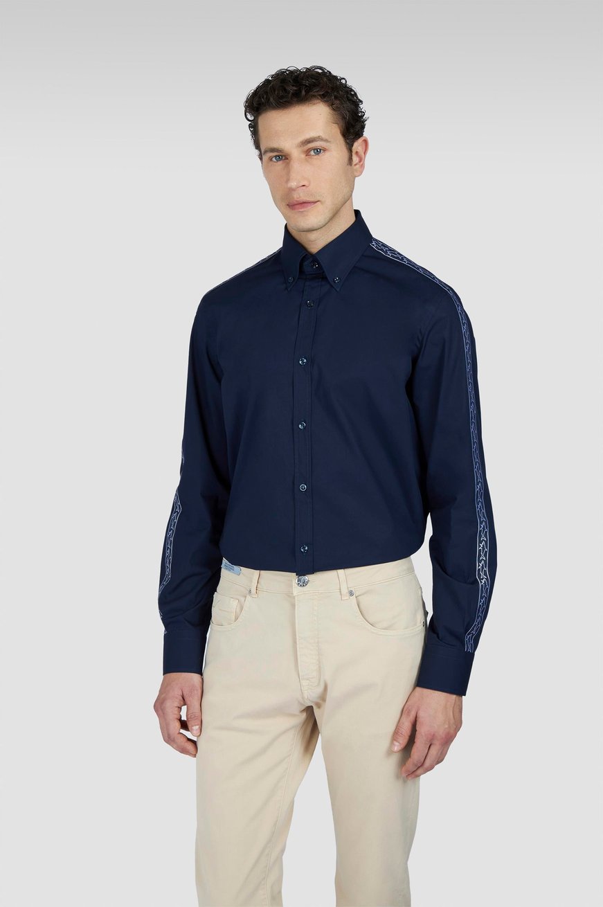 Paul Shark Paul Shark Erkek Omuzlardan Kollara Uzanan Shark Logo Şeritli Regular Fit Uzun Kollu Lacivert Gömlek 25413508-013