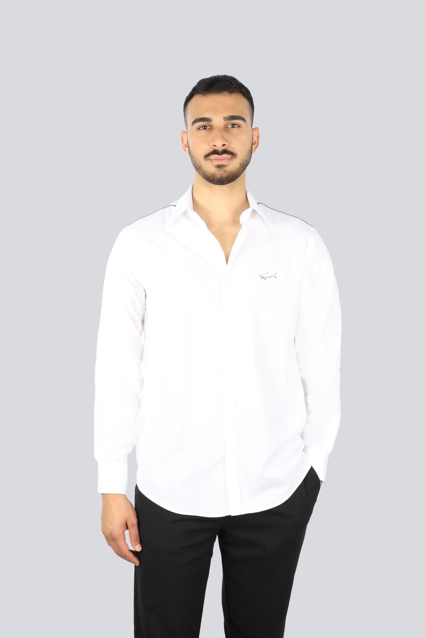 Paul Shark Paul Shark Erkek Regular Fit Omuzlarda Çizgi Desenli Uzun Kollu Beyaz Gömlek 25413515-010