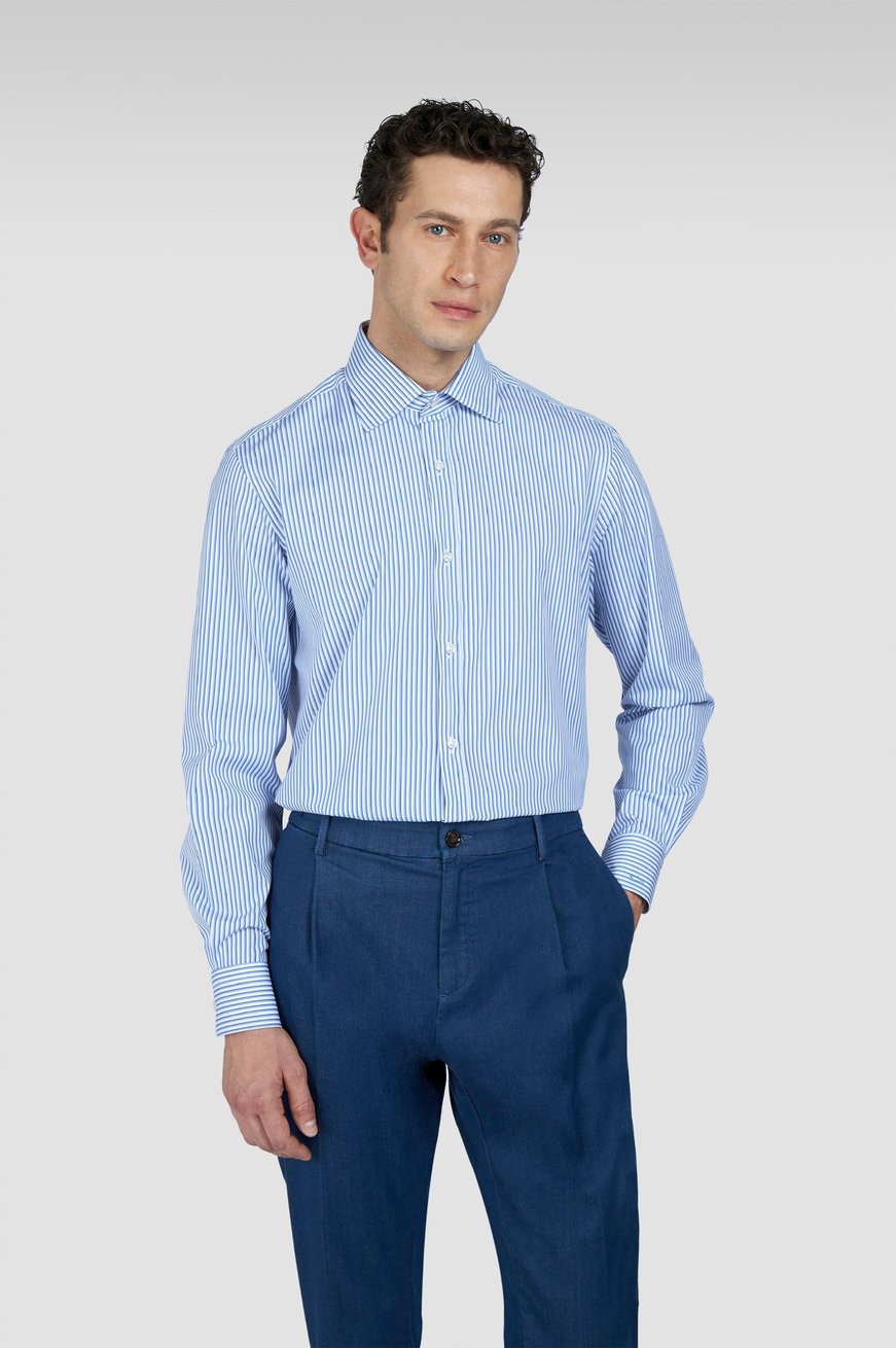 Paul Shark Paul Shark Erkek Slim Fit Çizgi Desenli Pamuklu Uzun Kollu Mavi Gömlek 25413060CF-V05