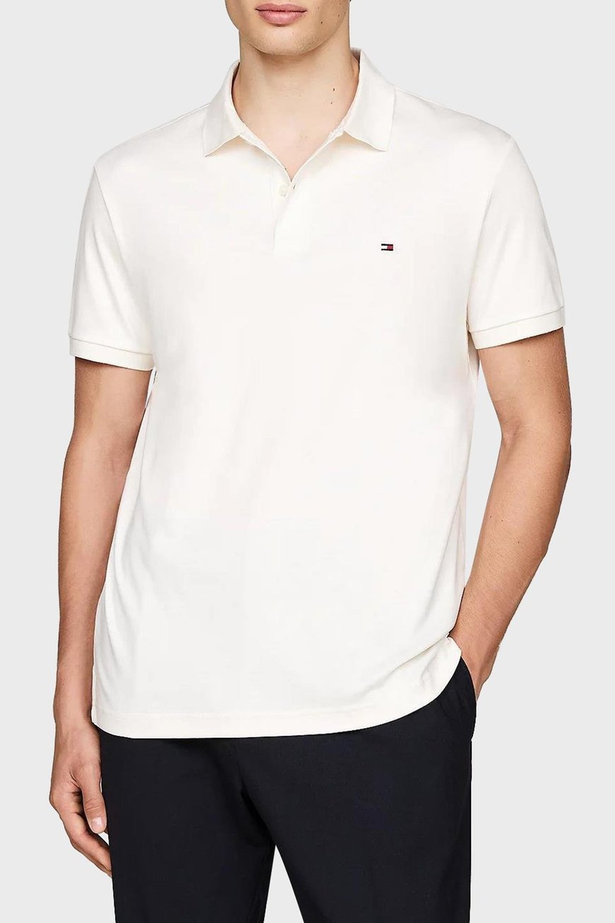 TOMMY HILFIGER Tommy Hilfiger Erkek Dokuma Polo Yaka Kısa Kol Günlük Beyaz Polo Yaka T-Shirt MW0MW35585-YBR