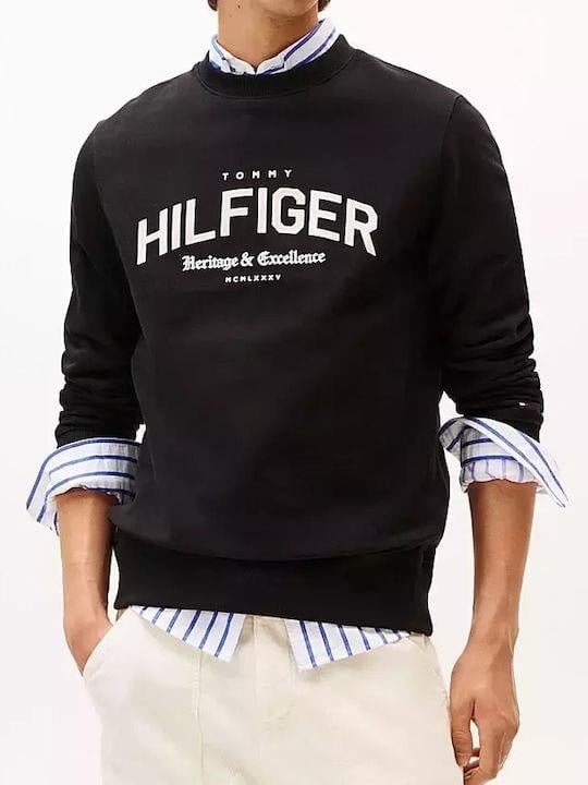Tommy Hilfiger Tommy Hilfiger Erkek Saf Pamuklu Polar Yuvarlak Yakalı Logo İşlemeli Normal Kalıp Siyah Sweatshirt MW0MW40067-BDS