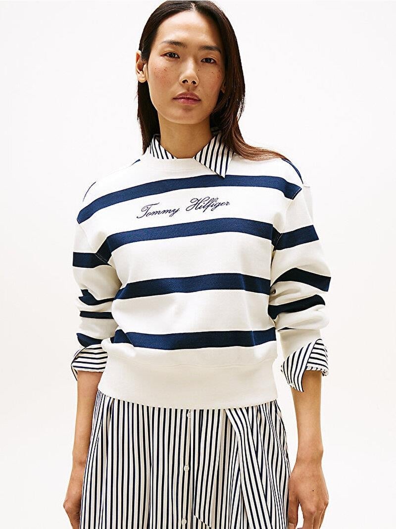 TOMMY HILFIGER Tommy Hilfiger Kadın Bisiklet Yaka Çizgili Uzun Kol Pamuklu Beyaz Sweatshirt WW0WW45743-0FG