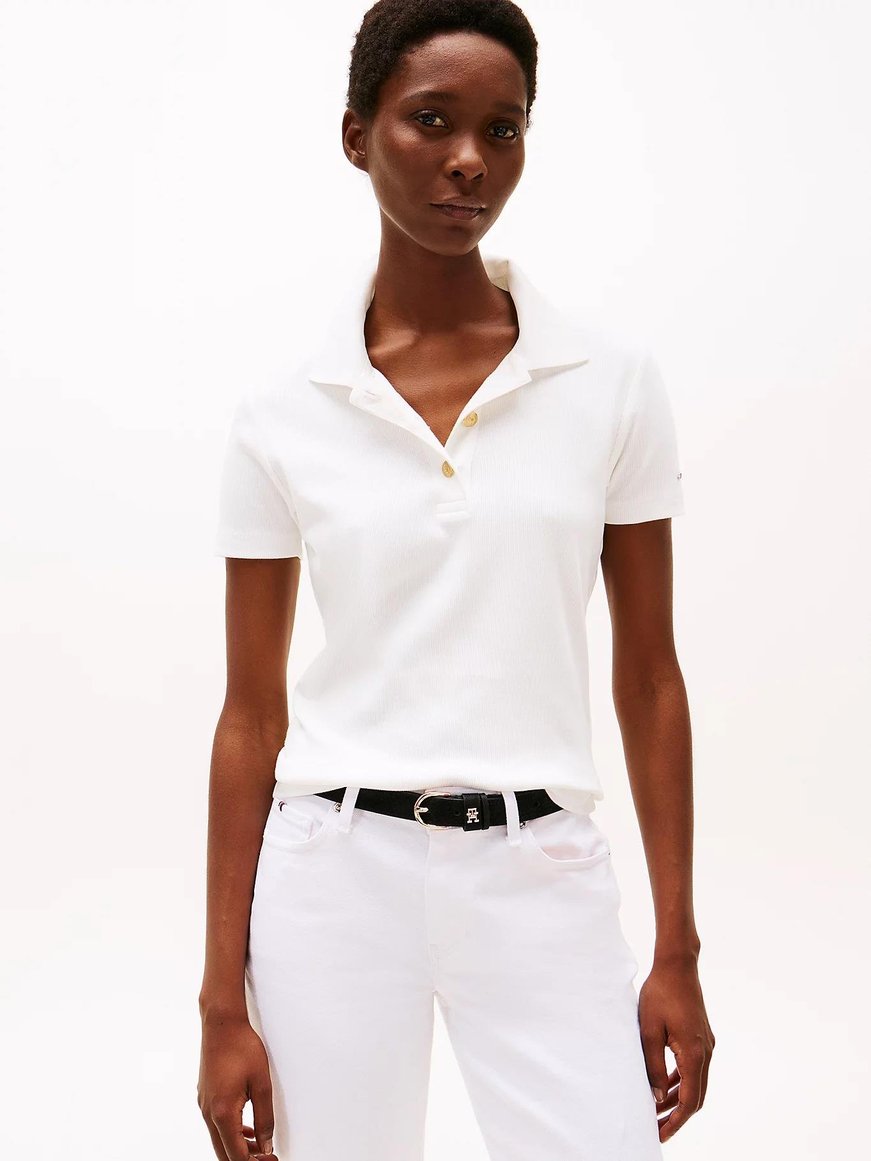 TOMMY HILFIGER Tommy Hilfiger Kadın Gold Düğme Kapama Polo Yaka Standart Boy Pamuklu Ekru Polo Yaka T-Shirt WW0WW45436-YBL