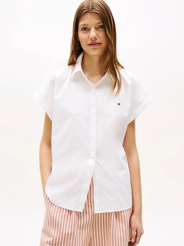TOMMY HILFIGER Tommy Hilfiger Kadın Kısa Kol Gömlek Yaka Rahat  Kesim Beyaz Gömlek WW0WW45897-YCF