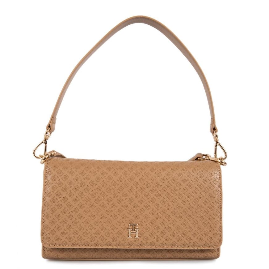 Tommy Hilfiger Tommy Hilfiger Kadın Monogram TH Logo Baskılı Çıtçıtlı Ayarlanabilir Omuz Askılı Bej Omuz Çantası AW0AW16933-RBC