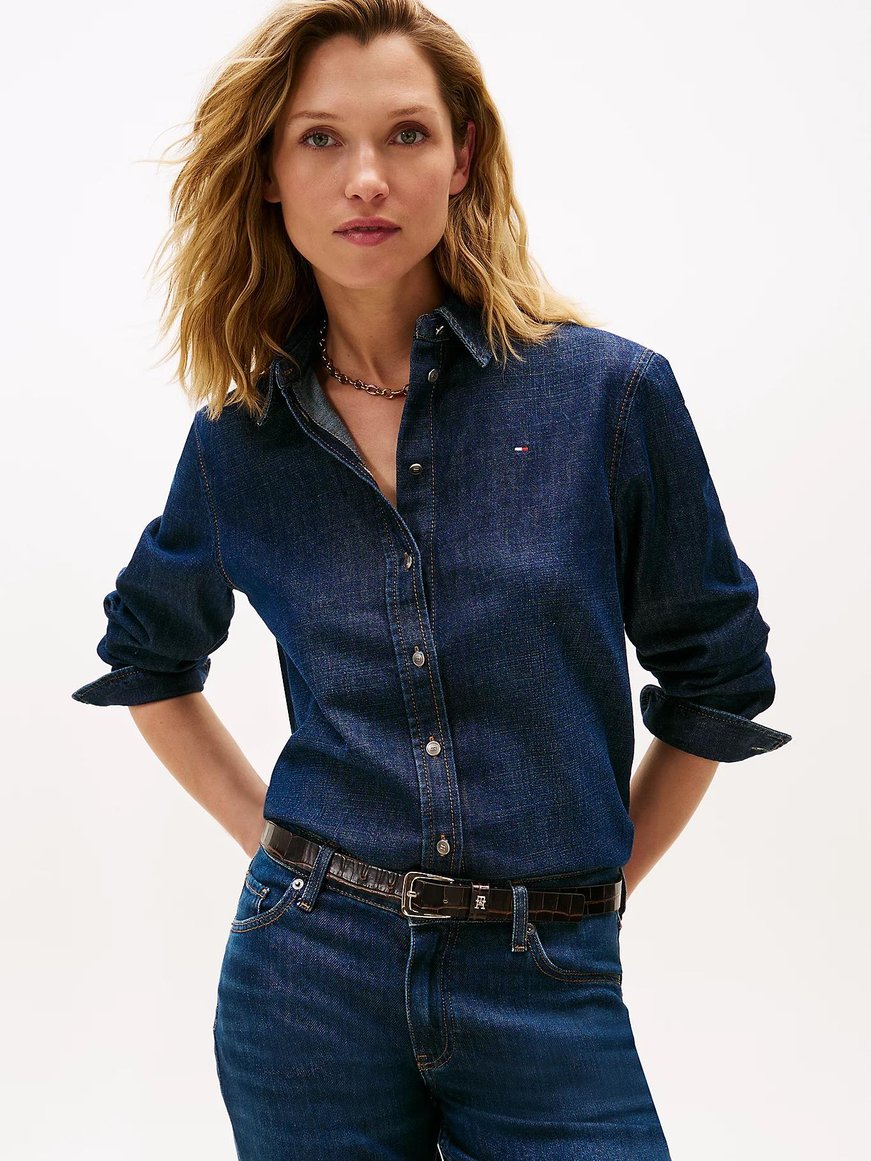 Tommy Hilfiger Tommy Hilfiger Kadın Normal Kalıp Uzun Kollu Pamuklu Denim Lacivert Gömlek WW0WW47453-1BK