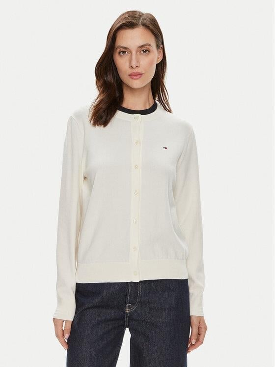 Tommy Hilfiger Tommy Hilfiger Kadın Normal Kalıp Yuvarlak Yakalı Pamuklu Uzun Kollu Örme Ekru Hırka WW0WW42370-Z00
