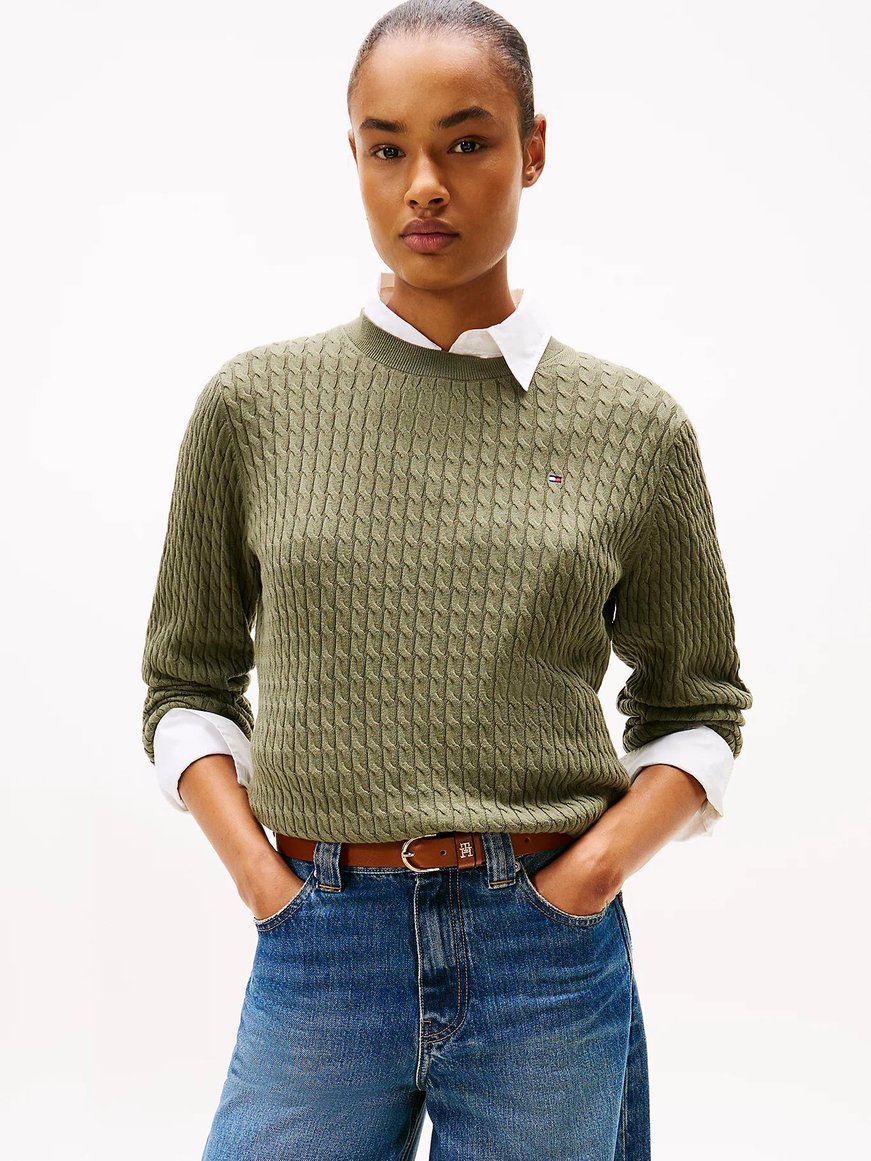 Tommy Hilfiger Tommy Hilfiger Kadın Normal Kalıp Ribana Yakalı Uzun Kollu %100 Pamuklu Örme Yeşil Kazak WW0WW44993-PLI