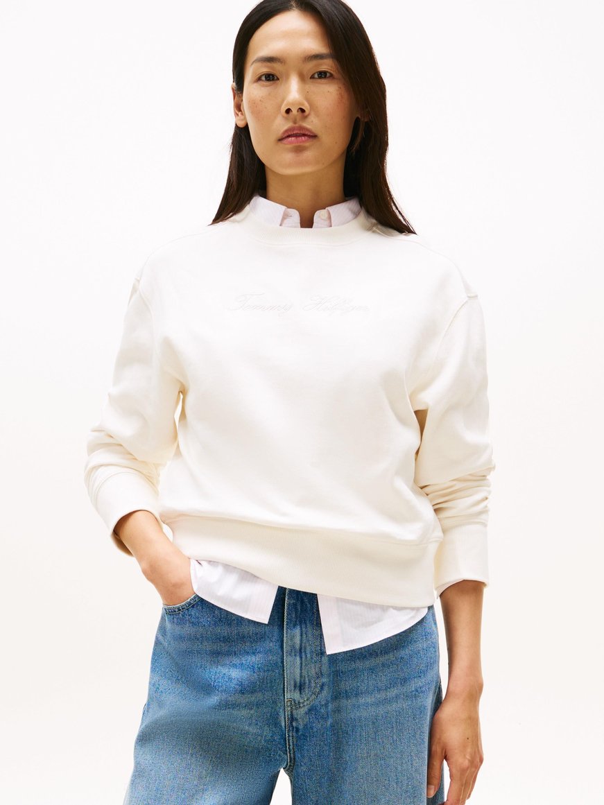 TOMMY HILFIGER Tommy Hilfiger Kadın Oversize Kesim Yuvarlak Yaka Pamuklu Logo İşlemeli Uzun Kollu Beyaz Sweatshirt WW0WW47159-YA8
