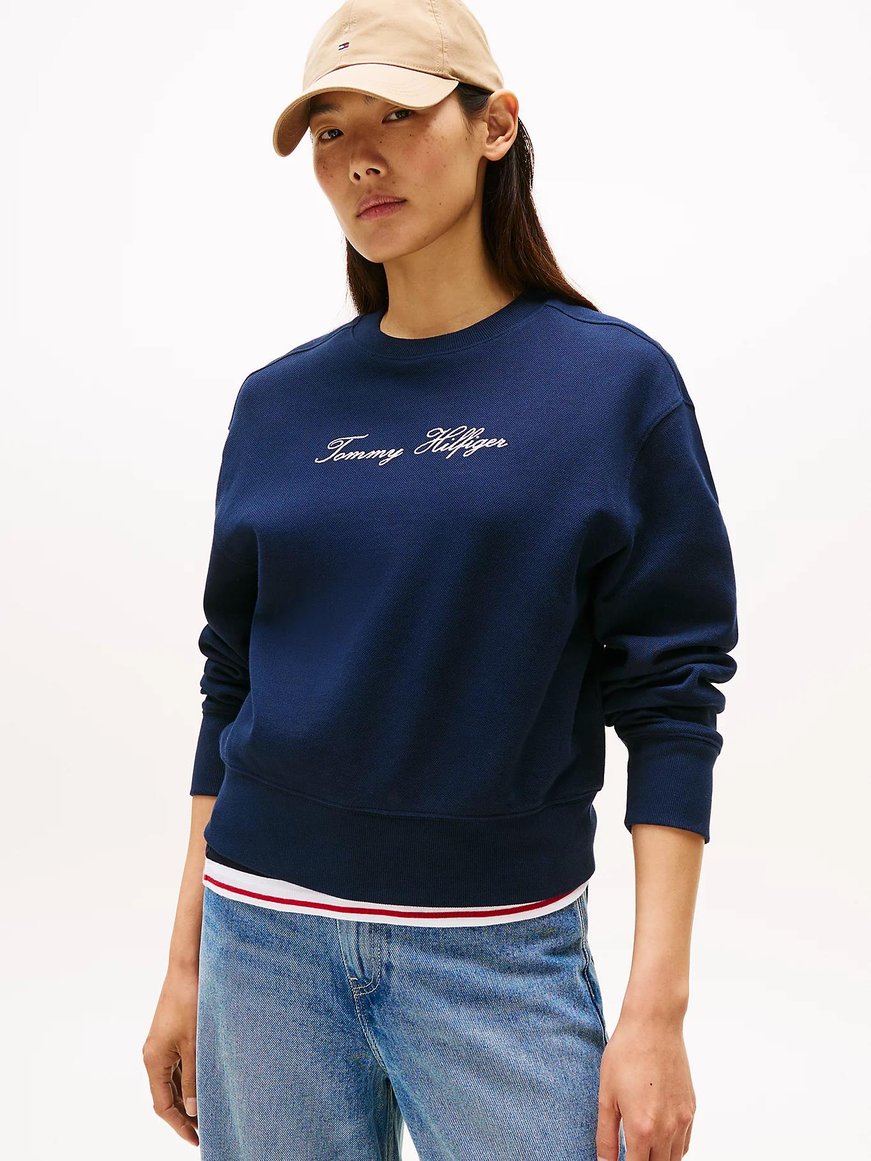 TOMMY HILFIGER Tommy Hilfiger Kadın Oversize Kesim Yuvarlak Yaka Pamuklu Logo İşlemeli Uzun Kollu Lacivert Sweatshirt WW0WW47159-C1G