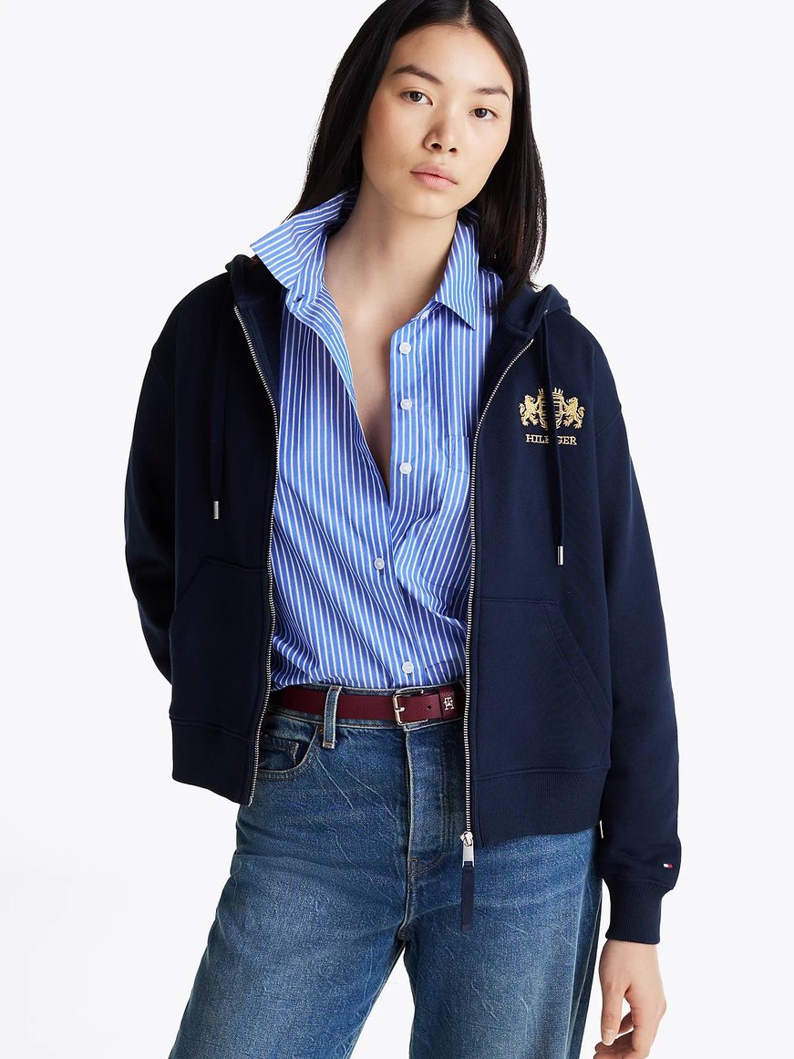 Tommy Hilfiger Tommy Hilfiger Kadın Pamuklu Logo Nakışlı Fermuarlı Kapüşonlu Lacivert Sweatshirt WW0WW43850-C1G