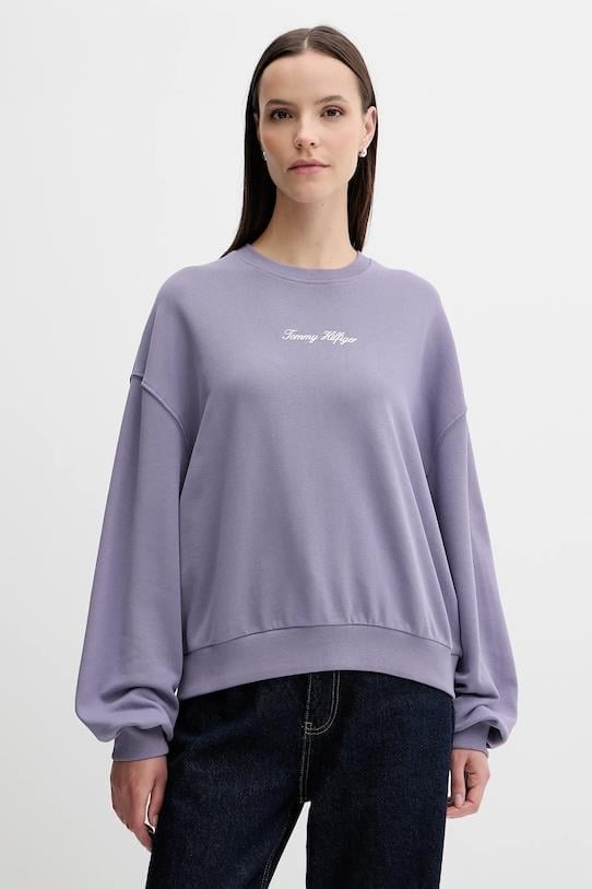 Tommy Hilfiger Tommy Hilfiger Kadın Pamuklu Rahat Kalıp Yuvarlak Yakalı Düşük Omuzlu Mor Sweatshirt WW0WW48269-W0G