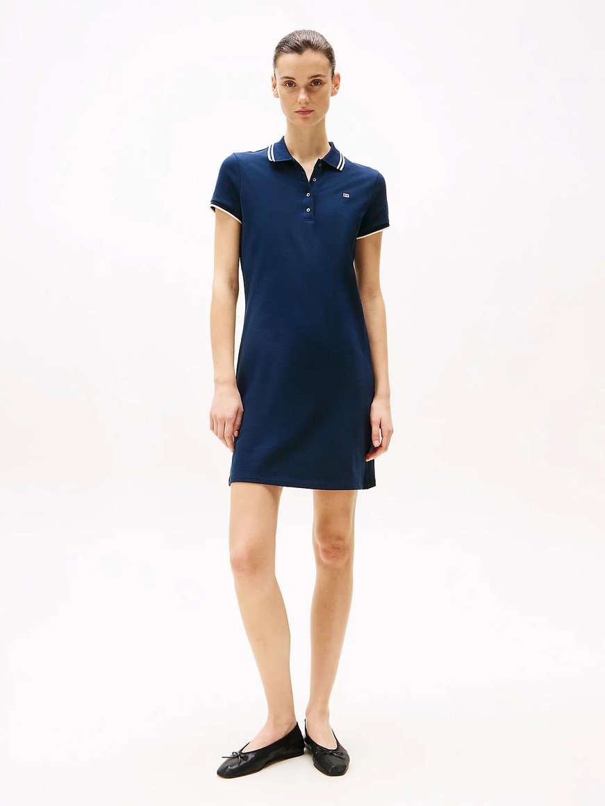 TOMMY HILFIGER Tommy Hilfiger Kadın Polo Yaka Zincir Desen Kısa Kol Pamuklu Lacivert Elbise WW0WW45532-C1G