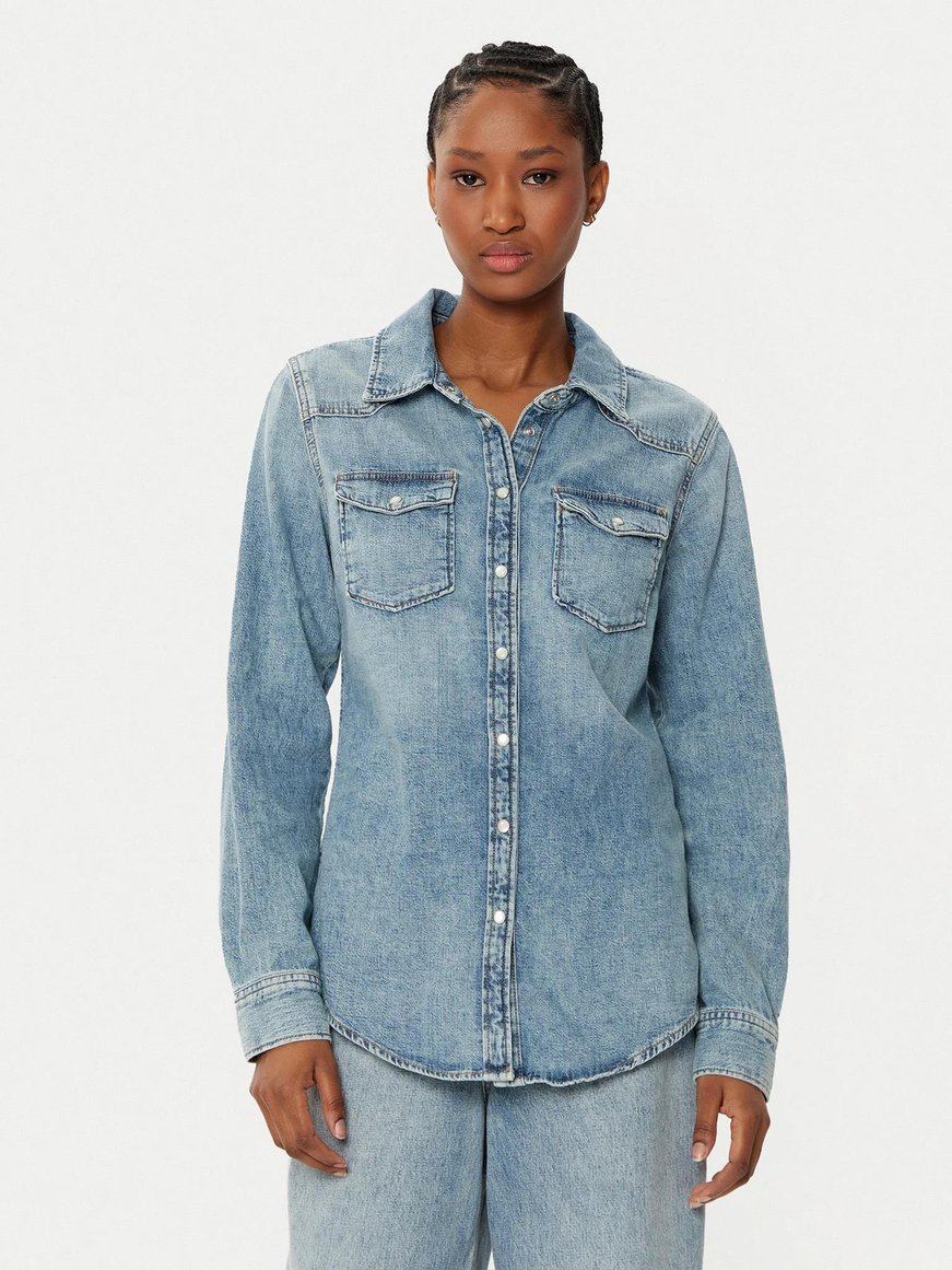 TOMMY HILFIGER Tommy Hilfiger Kadın Regular Fit Cep Detaylı Uzun Kollu Denim Mavi Gömlek WW0WW43730-1A5