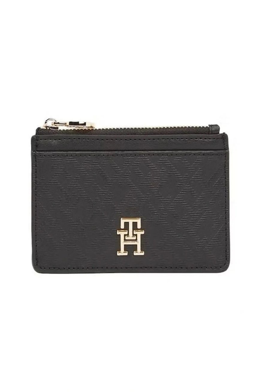 TOMMY HILFIGER Tommy Hilfiger Kadın TH Logo Desenli Kartlık Bölmeli Fermuarlı Siyah Cüzdan AW0AW17401-BDS