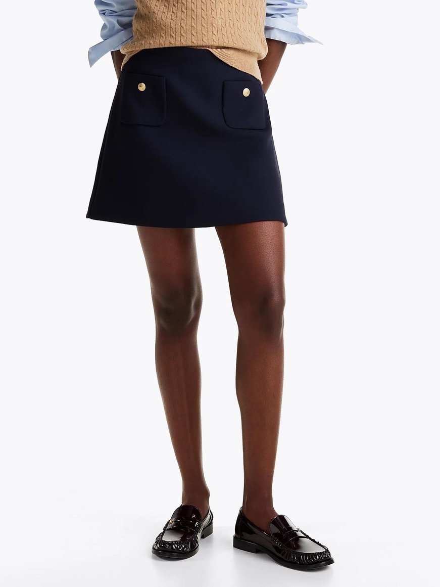 TOMMY HILFIGER Tommy Hilfiger Kadın Yüksek Bel Düğme Detaylı Kısa Mavi Etek WW0WW44994-C1G