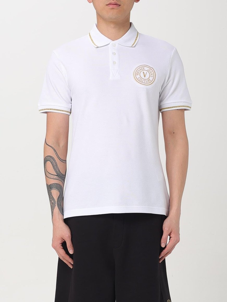 Versace Versace Erkek Polo Yaka Kol ve Yaka Ucu Şerit Detaylı Beyaz-Altın Polo Yaka T-Shirt 78GAGT00CJ01T-G03