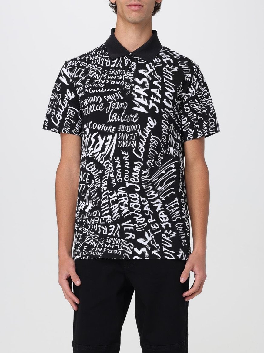 Versace Versace Erkek Polo Yaka Logo Baskılı Kısa Kollu Siyah-Beyaz Polo Yaka T-Shirt 78GAG6R0JS459-L01