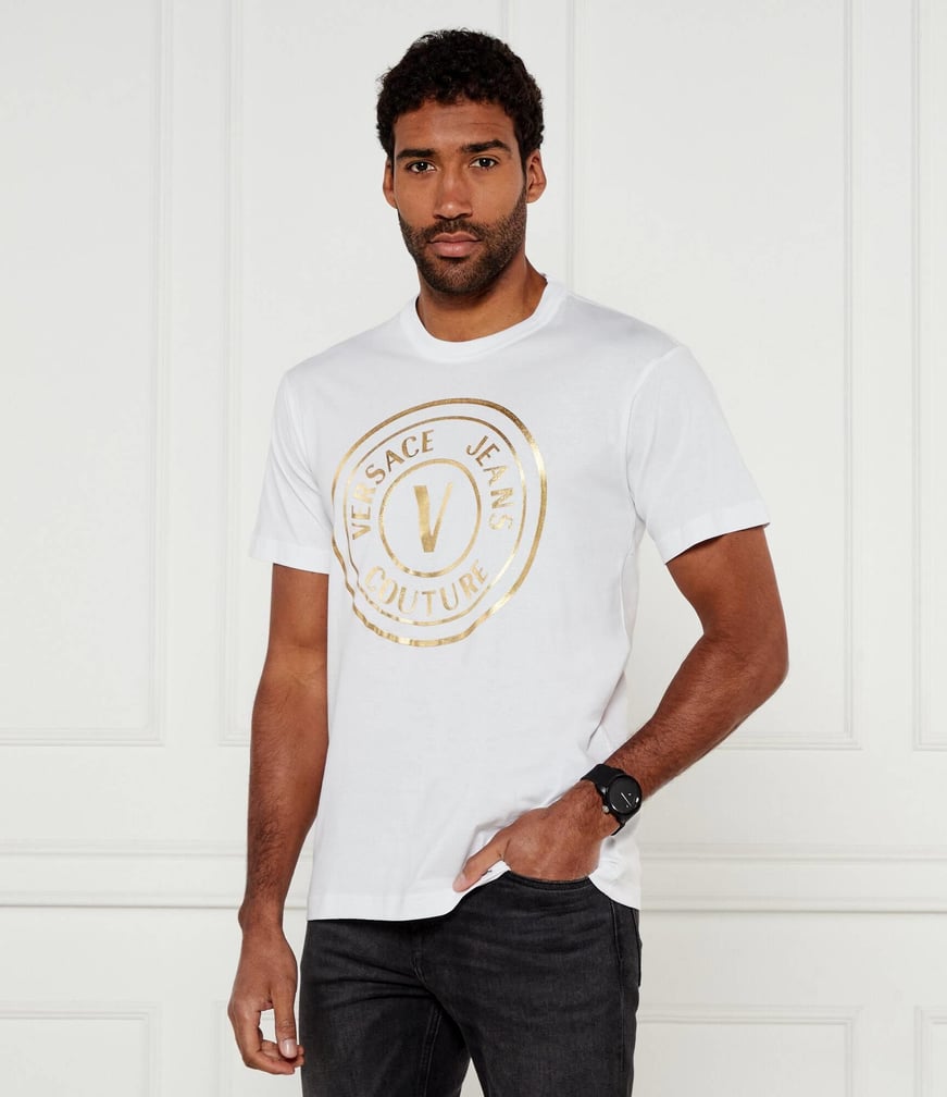 Versace Versace Erkek Regular Fit Logo Baskılı Kısa Kollu Beyaz-Altın T-Shirt 78GAHT01CJ00T-G03
