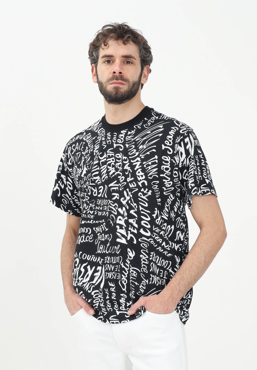 Versace Versace Erkek Yuvarlak Yaka Logo Baskılı Kısa Kollu Siyah-Beyaz T-Shirt 78GAH6R0JS440-L01