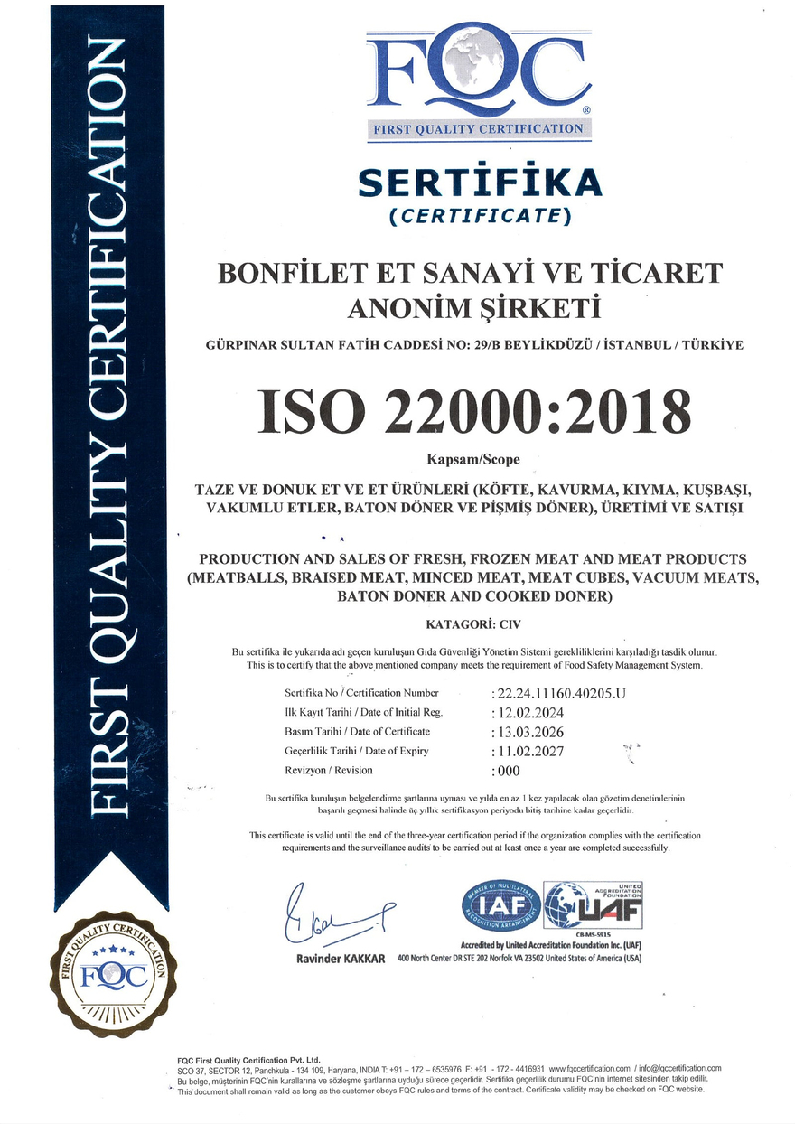 ISO 22000:2018 Gıda Güvenliği Belgesi
