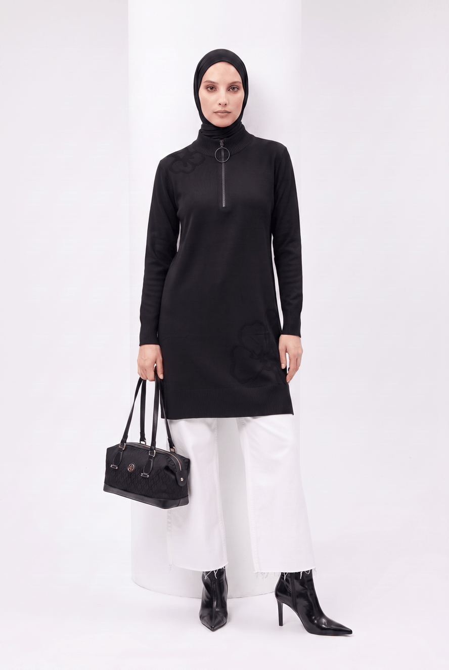 Armine Çiçek Desenli Triko Tunik 25KTD4111 Siyah