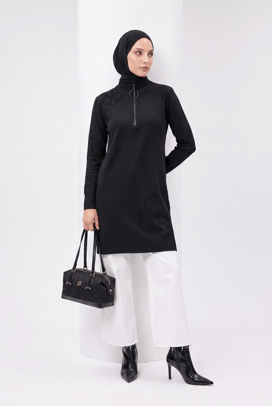 Armine Çiçek Desenli Triko Tunik 25KTD4111 Siyah
