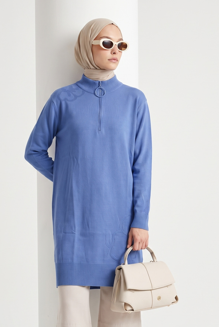 Armine Çiçek Desenli Triko Tunik 25KTD4111 İndigo