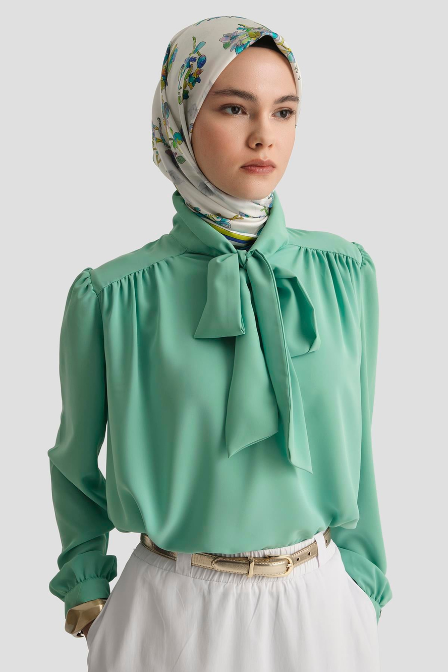 Boyun Kurdele Desenli Tunik-Mint 25YT303
