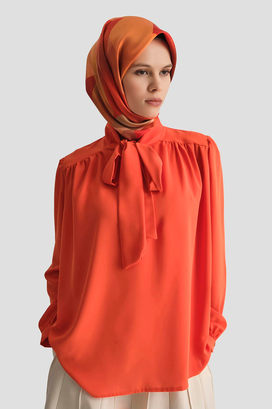 Boyun Kurdele Desenli Tunik-Turuncu 25YT303
