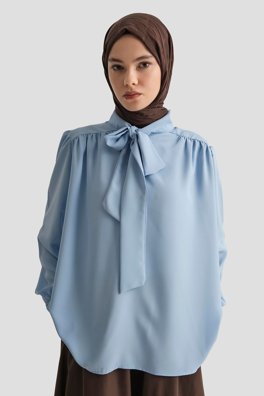 Boyun Kurdele Desenli Tunik-Mavi 25YT303
