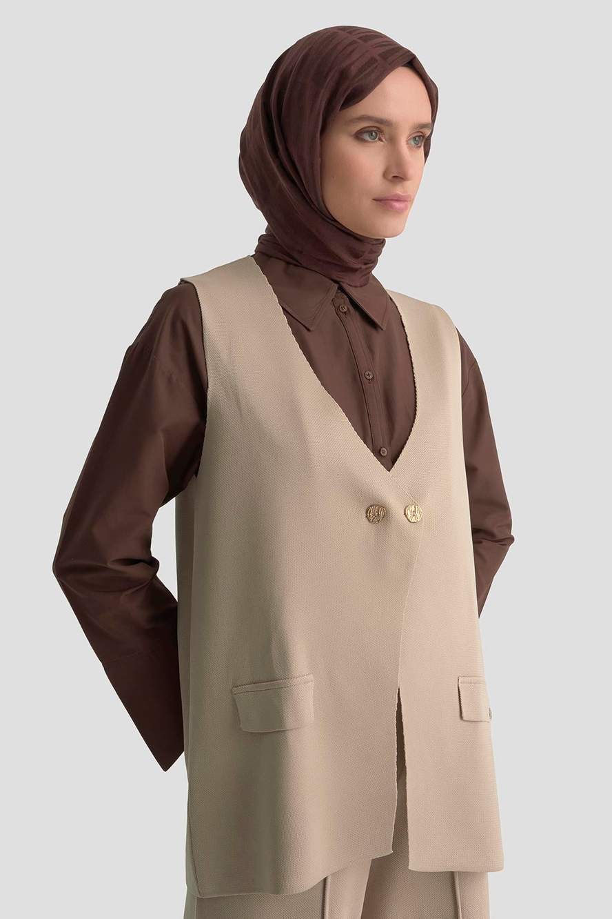 Çift Düğme Detaylı Yelekli Triko İkili Takım Koyu Taş 25KTD6117