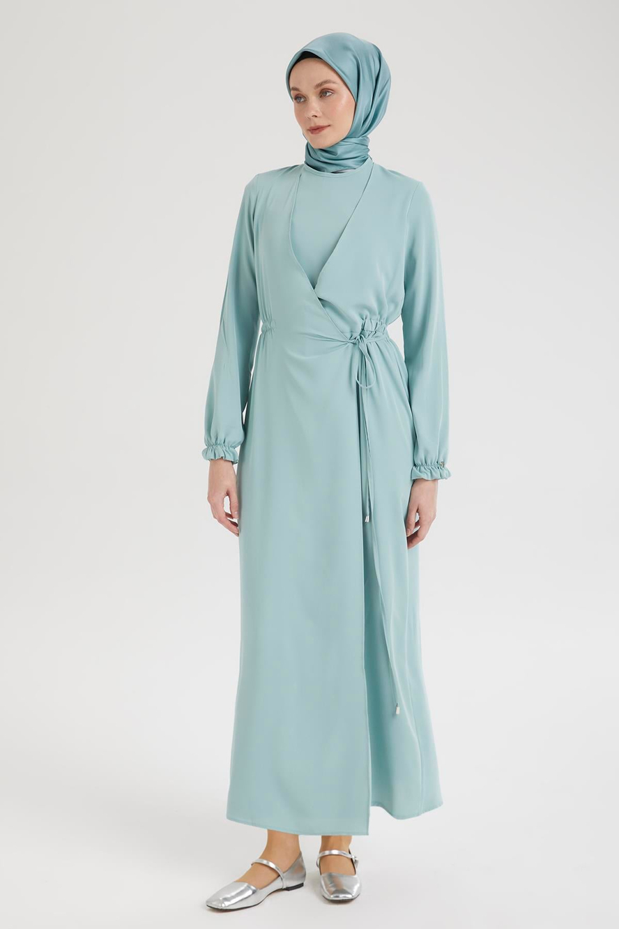 Kolları Lastikli V Yaka Detaylı Elbise-Mint  25YT944