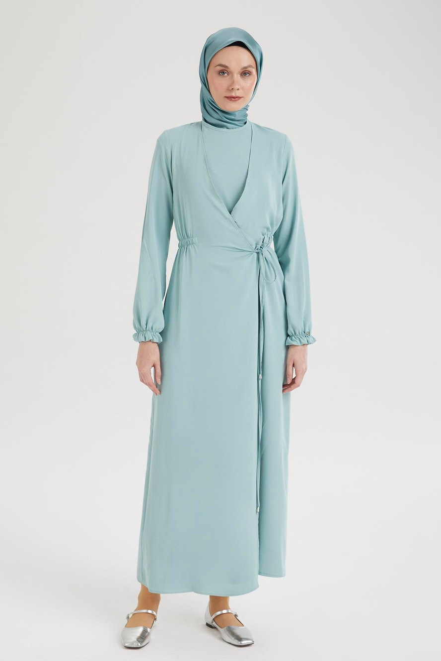 Kolları Lastikli V Yaka Detaylı Elbise-Mint  25YT944