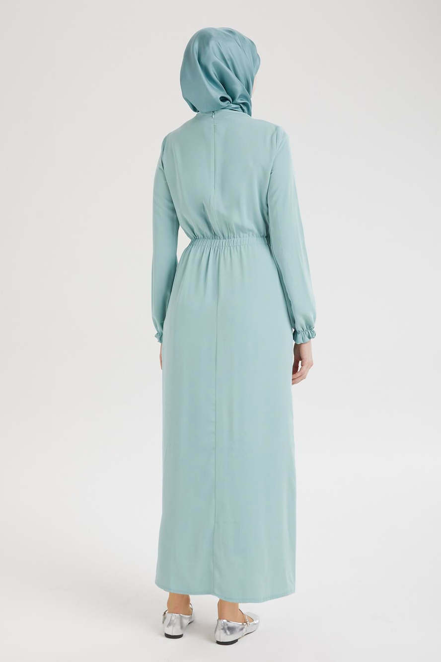 Kolları Lastikli V Yaka Detaylı Elbise-Mint  25YT944