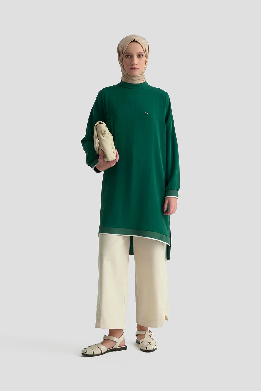 Kolları Ribanalı Arkadan Uzatmalı Basic Tunik-Zümrüt 25YT449