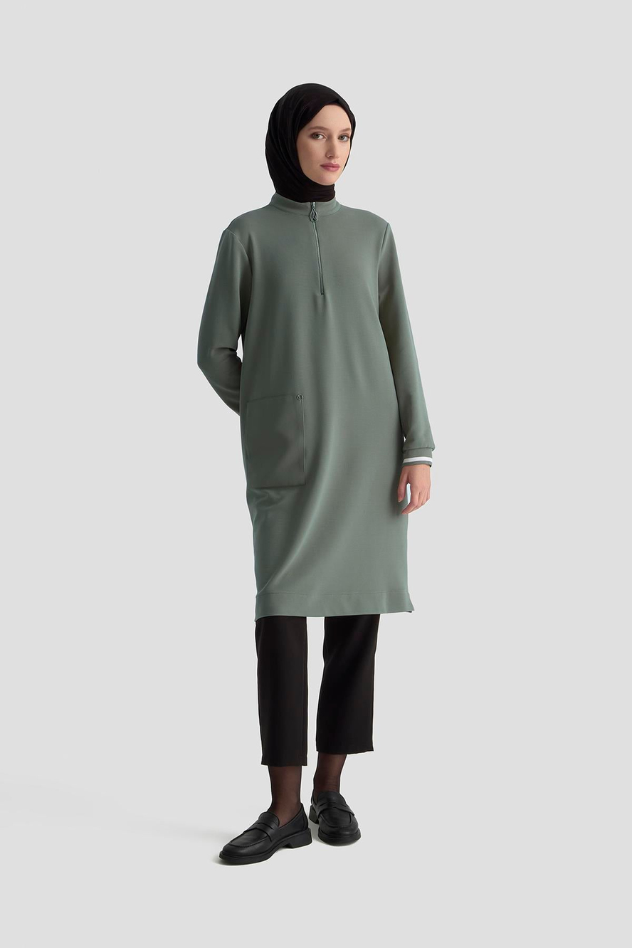 Kolları Ribanalı Yarım Fermuarlı Tunik Haki 25KT443