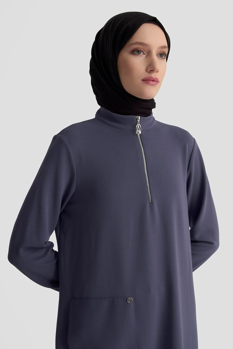Kolları Ribanalı Yarım Fermuarlı Tunik İndigo 25KT443