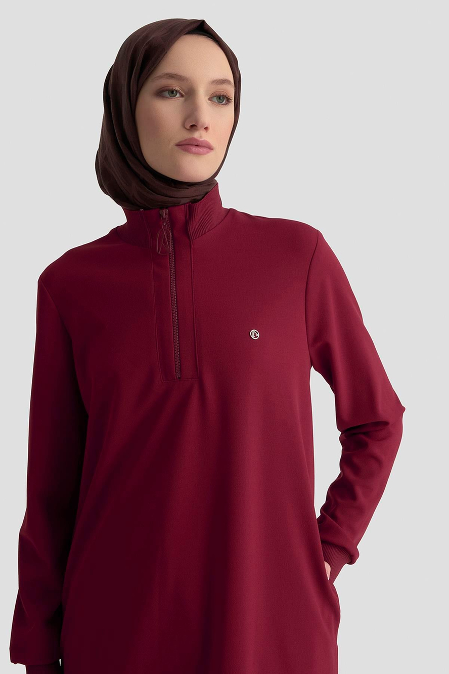 Kolları Ribanalı Yarım Fermuarlı Tunik Bordo 25KT456 
