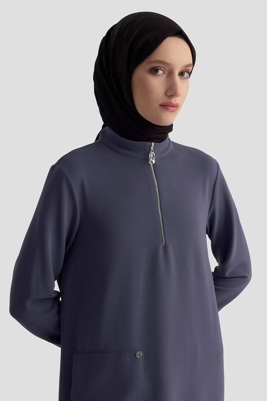 Kolları Ribanalı Yarım Fermuarlı Tunik İndigo 25KT443