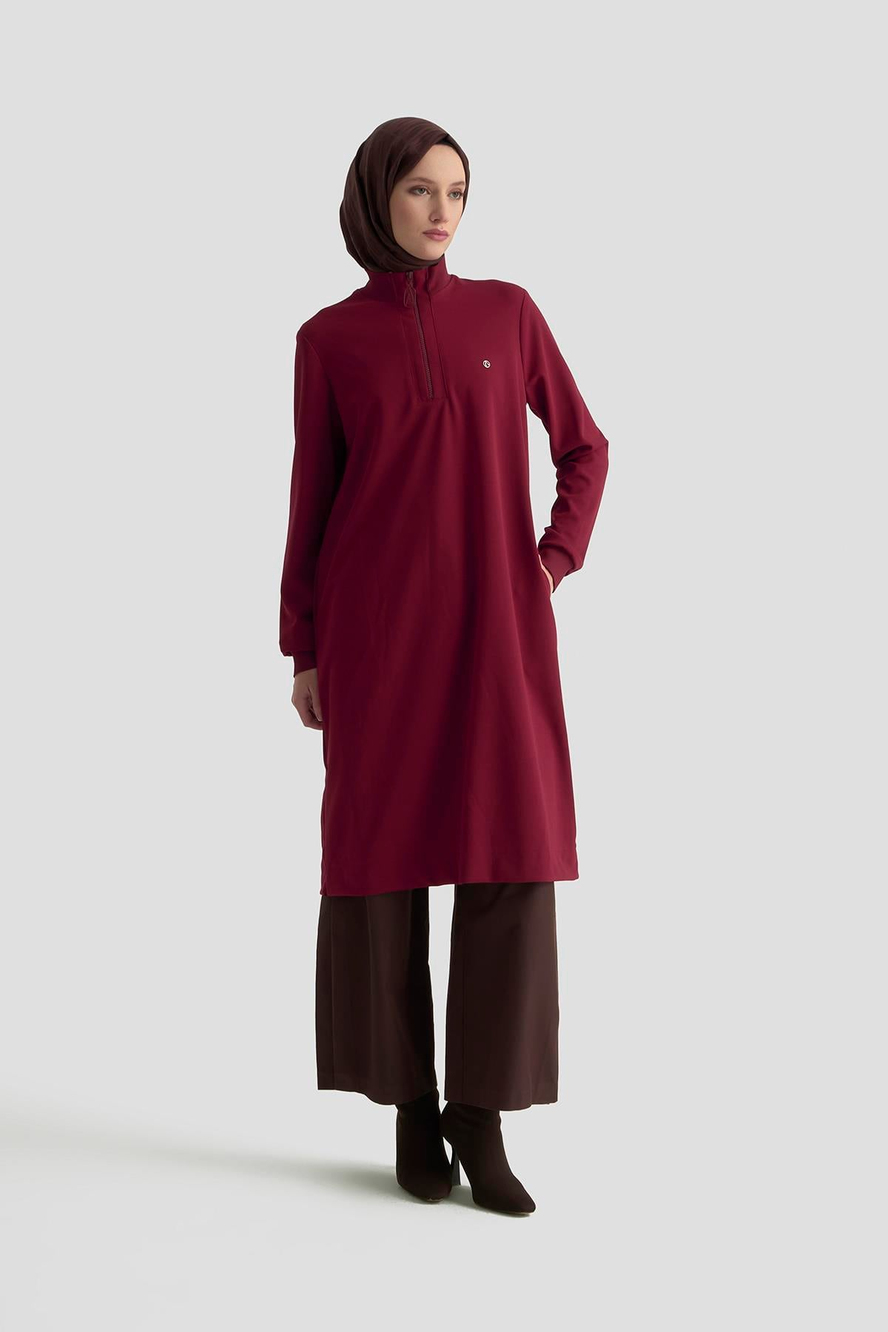 Kolları Ribanalı Yarım Fermuarlı Tunik Bordo 25KT456 