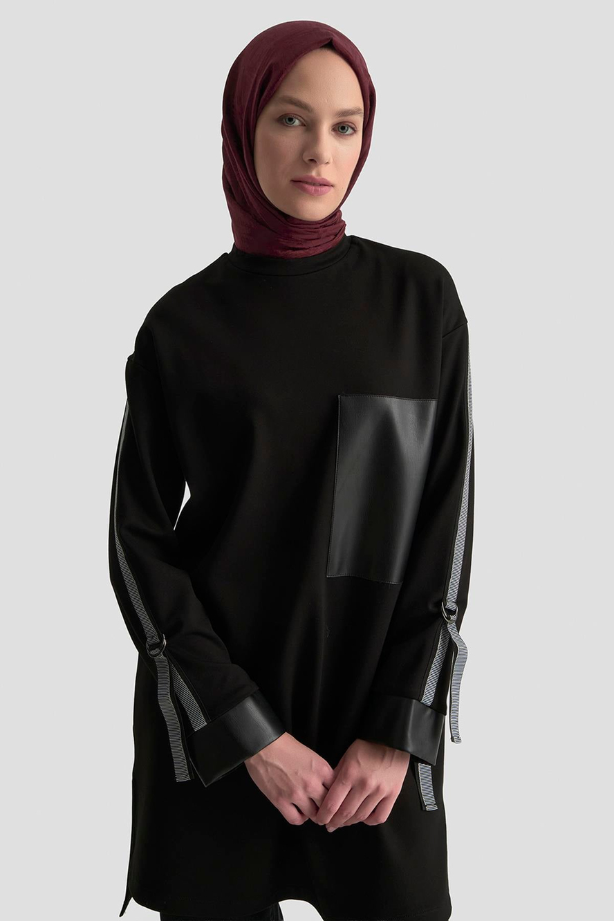 Şerit Detaylı Deri Garnili Tunik Siyah 24KT443