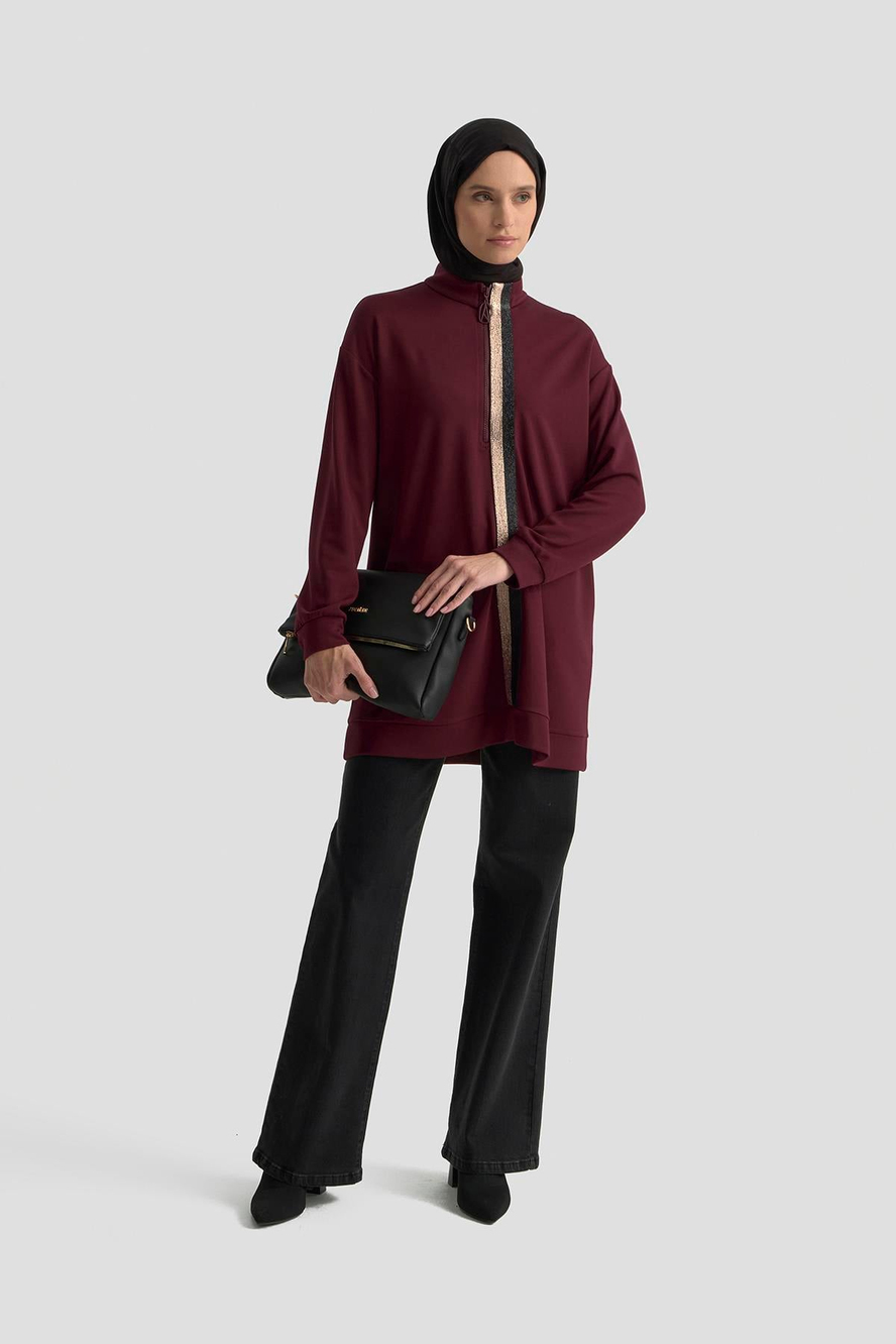 Simli Şerit Detaylı Yarım Fermuarlı Tunik Bordo 25KT407