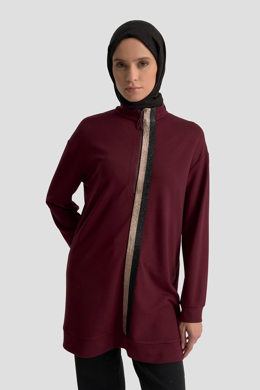 Simli Şerit Detaylı Yarım Fermuarlı Tunik Bordo 25KT407