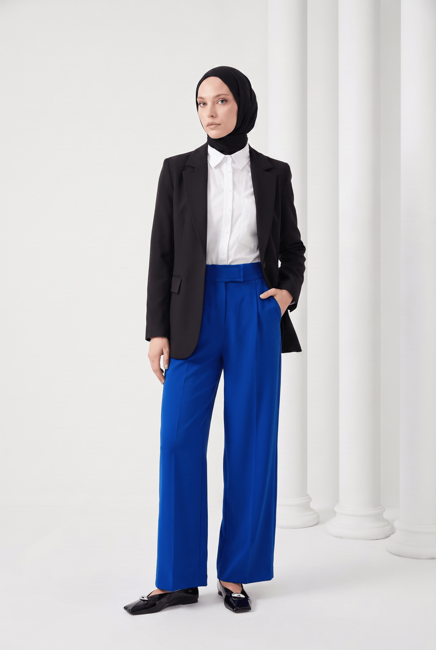 Beli Cırtlı Fermuarlı Cepli Tek Pile Bol Kesim Pantolon Saks 24YTD201