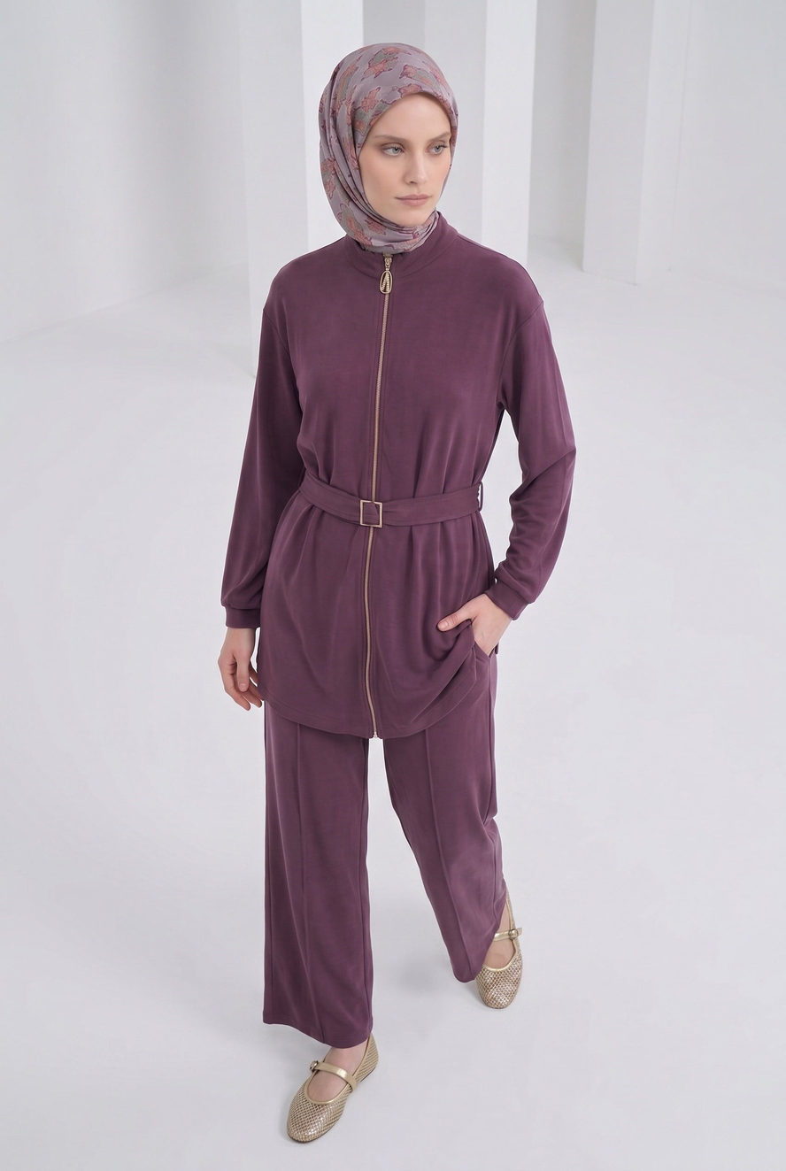 Boydan Fermuarlı Beli Kemerli Pantolonlu İkili Takım Mürdüm 26YT6138