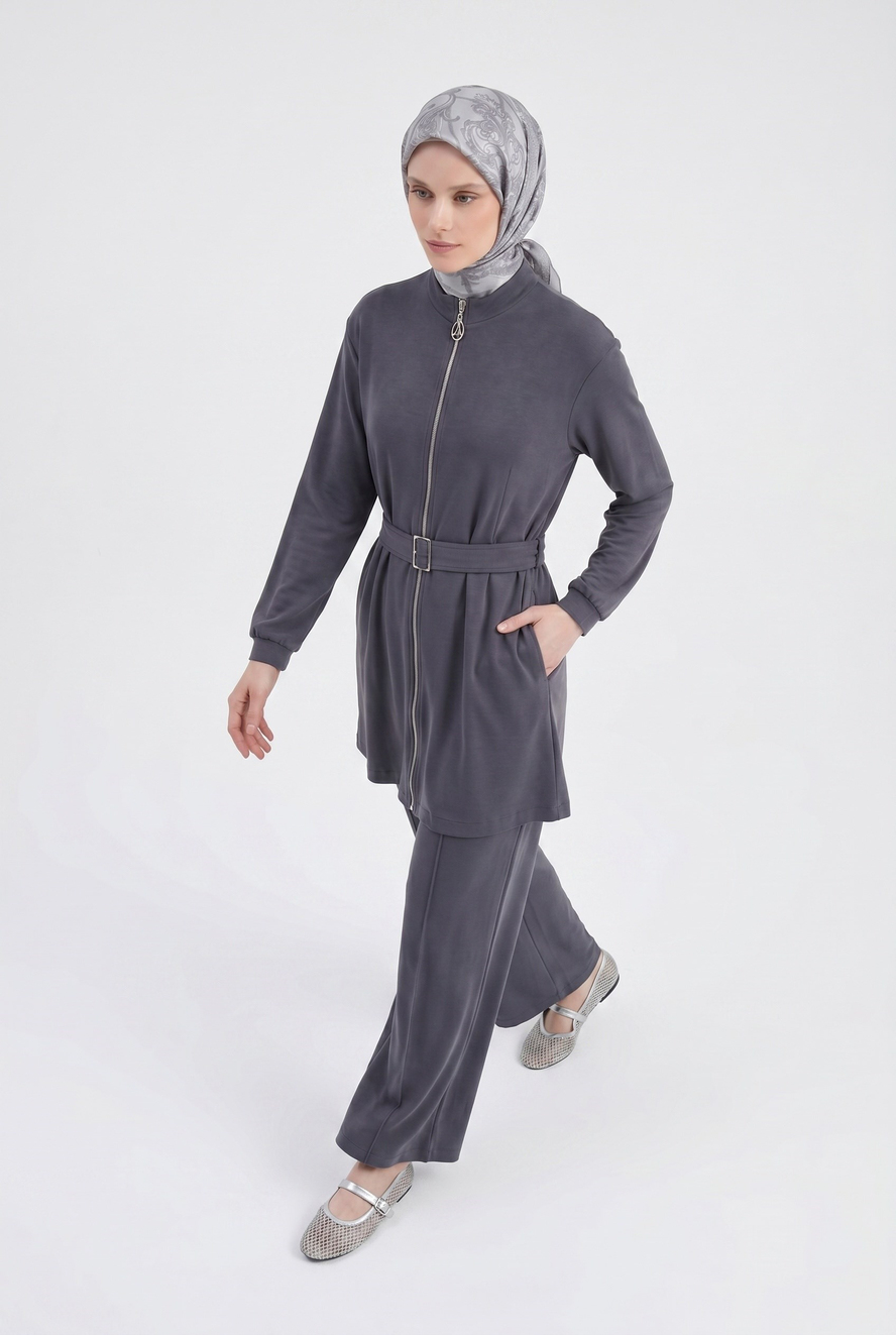 Boydan Fermuarlı Beli Kemerli Pantolonlu İkili Takım Lacivert 26YT6138