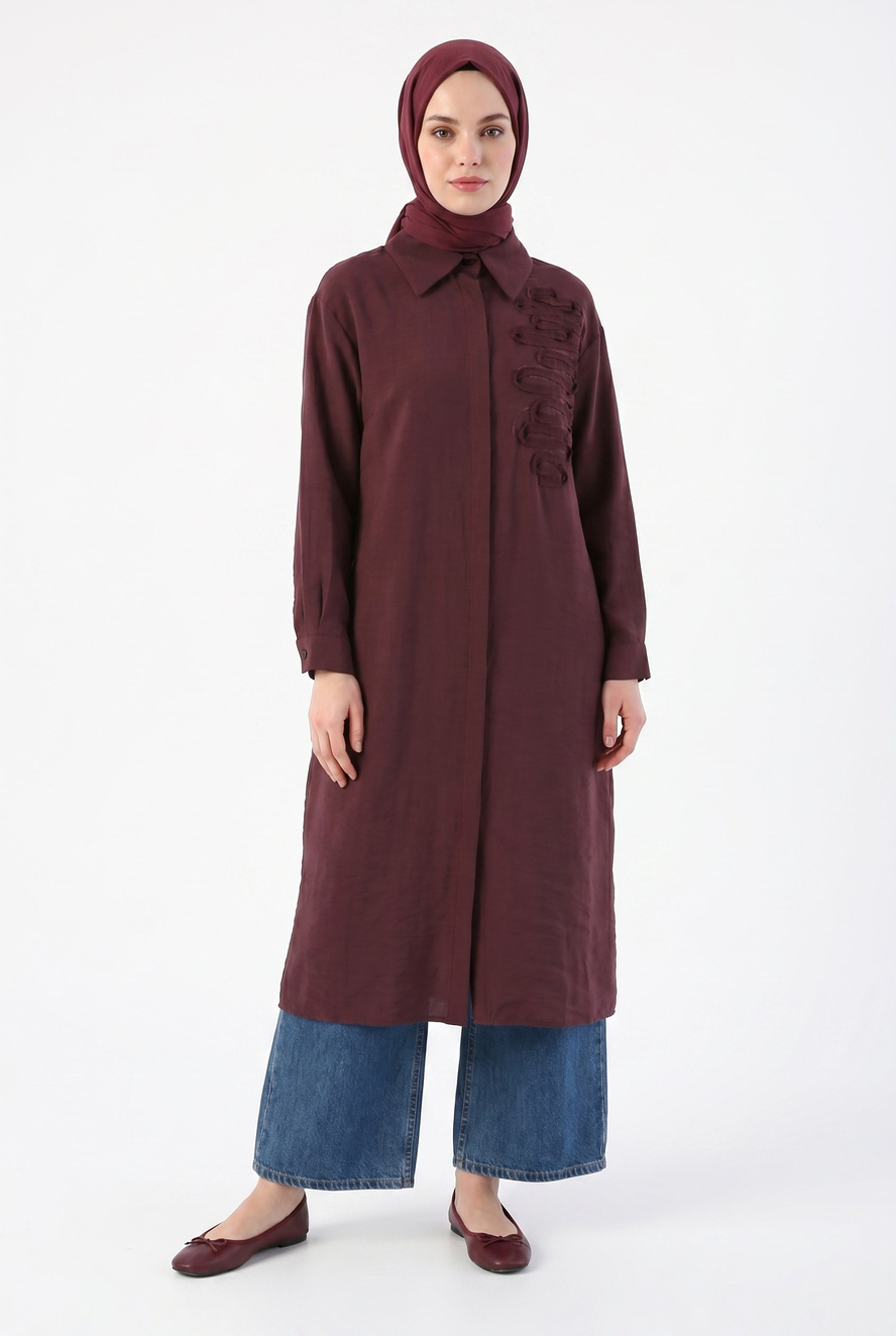Gizli Patlı Tam Boy Düğmeli Gömlek Yaka 120 cm Boy Tunik Bordo 26YT417