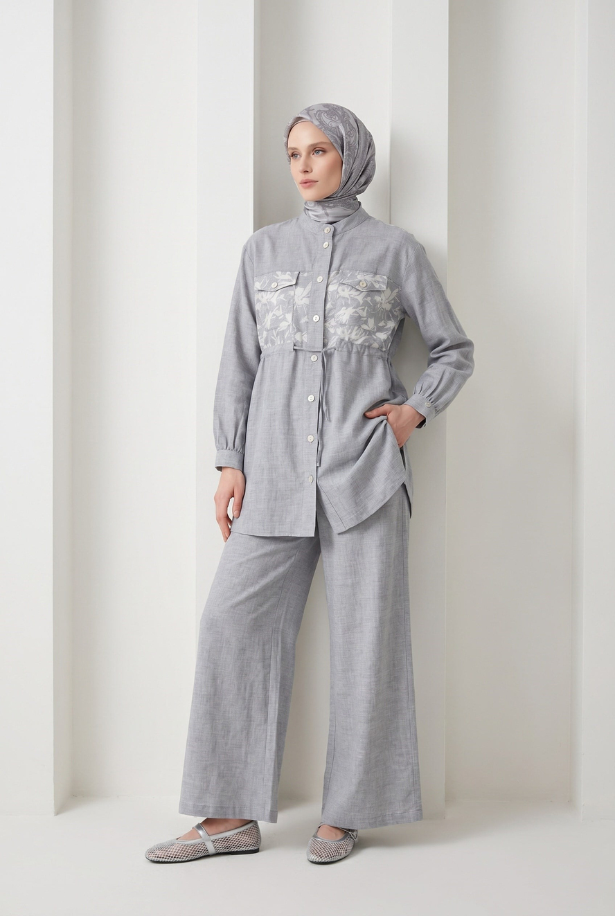 Çiçek Desenli Beli Büzgülü Tunik ve Geniş Paça Pantolonlu Takım İndigo 26YT6156